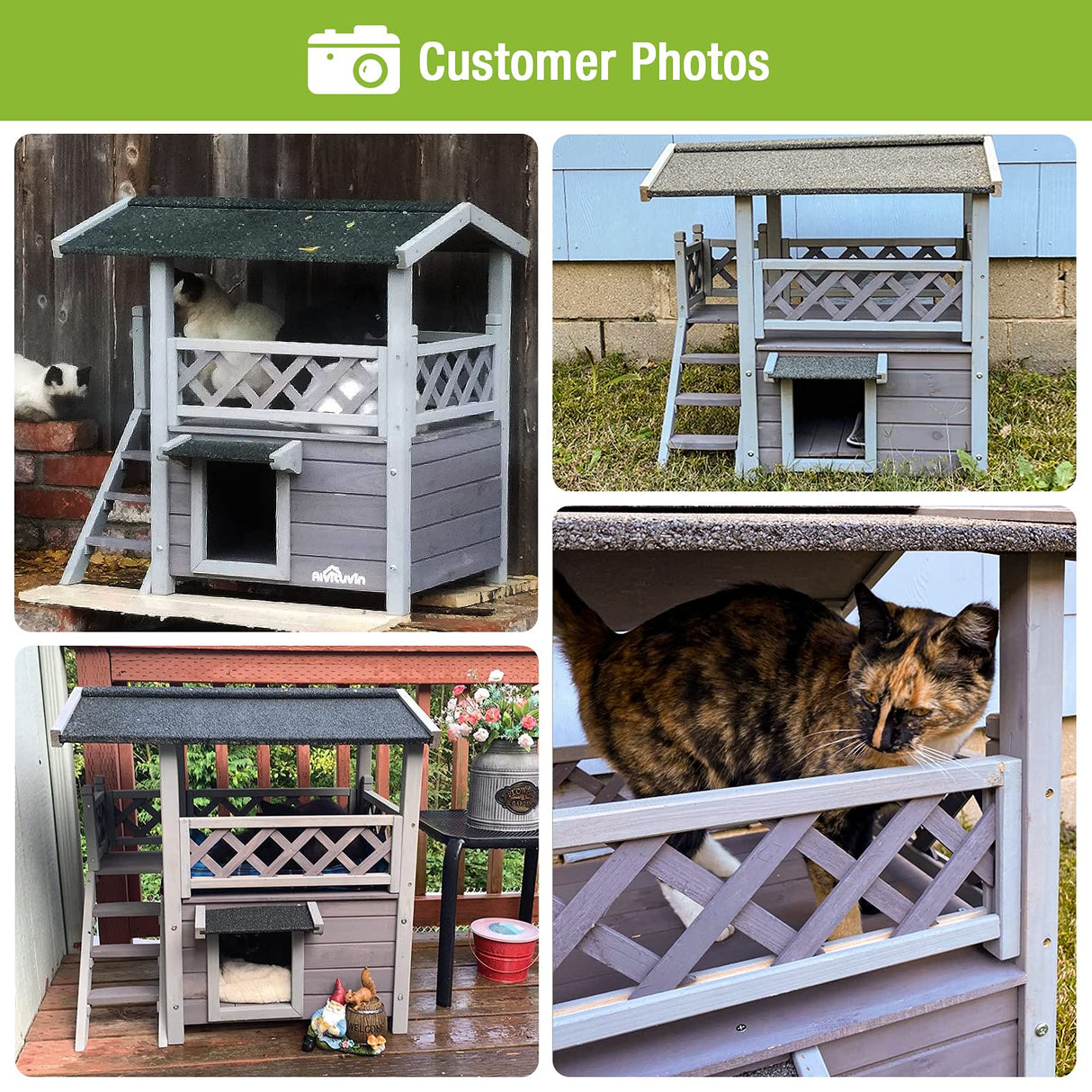 Cat House with Door for Feral Cats, Rainproof Outside Kitty House, 2 Story Wooden Kitten Condo with Stairs (AIR09-BS) GUTINNEEN