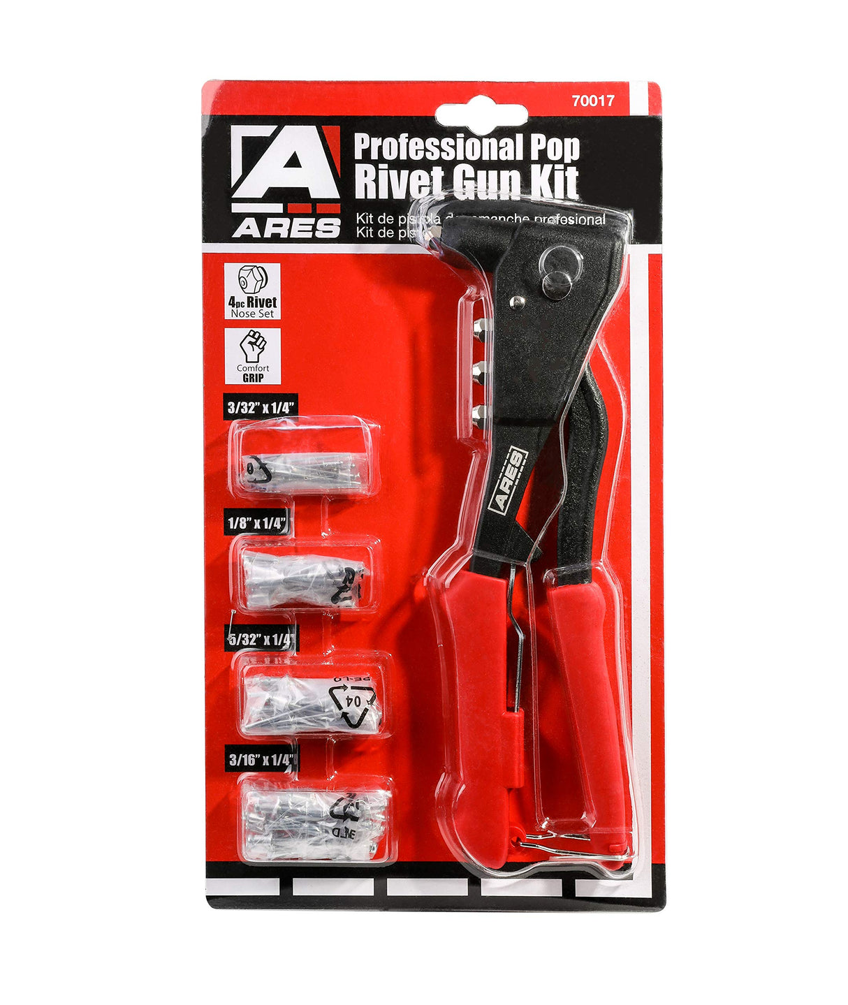 ARES 70017 - Professional Pop Rivet Gun with 60 Rivets - Rivet Sizes 3/32-inch, 1/8-inch, 5/32-inch, & 3/16-inch - Applications Include Sheet Metal, ARES