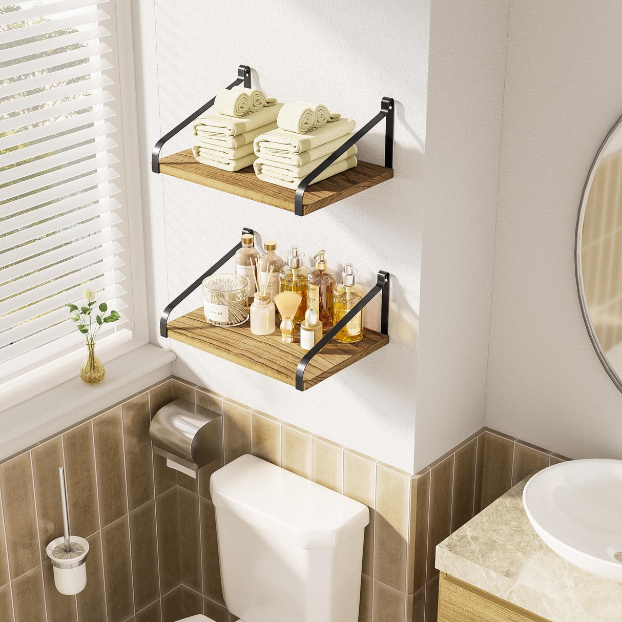 Love-KANKEI Floating Shelves Wall Mount Rustic Wood Wall Shelves with Large Storage L16.5 x W12 inch for Kitchen Living Room Bathroom Bedroom Set of Love-KANKEI