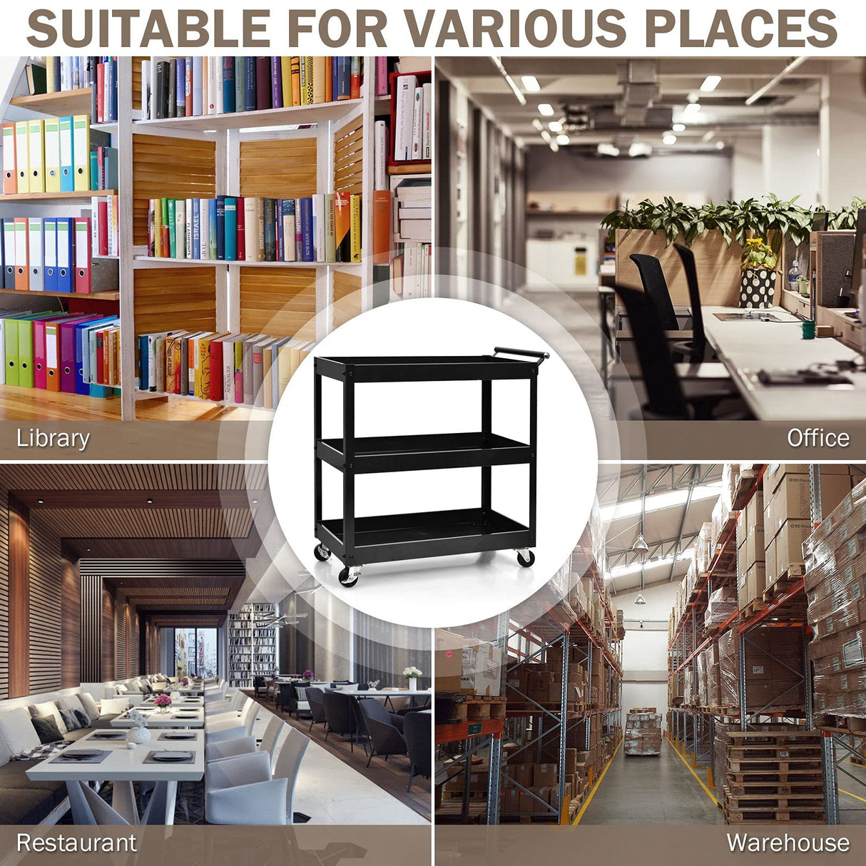 Goplus 3-Tier Utility Cart, Heavy Duty Commercial Service Tool Cart w/Lockable Wheels, 330lbs Load Capacity, Ergonomic Handle, Rolling Mechanic Tool Goplus