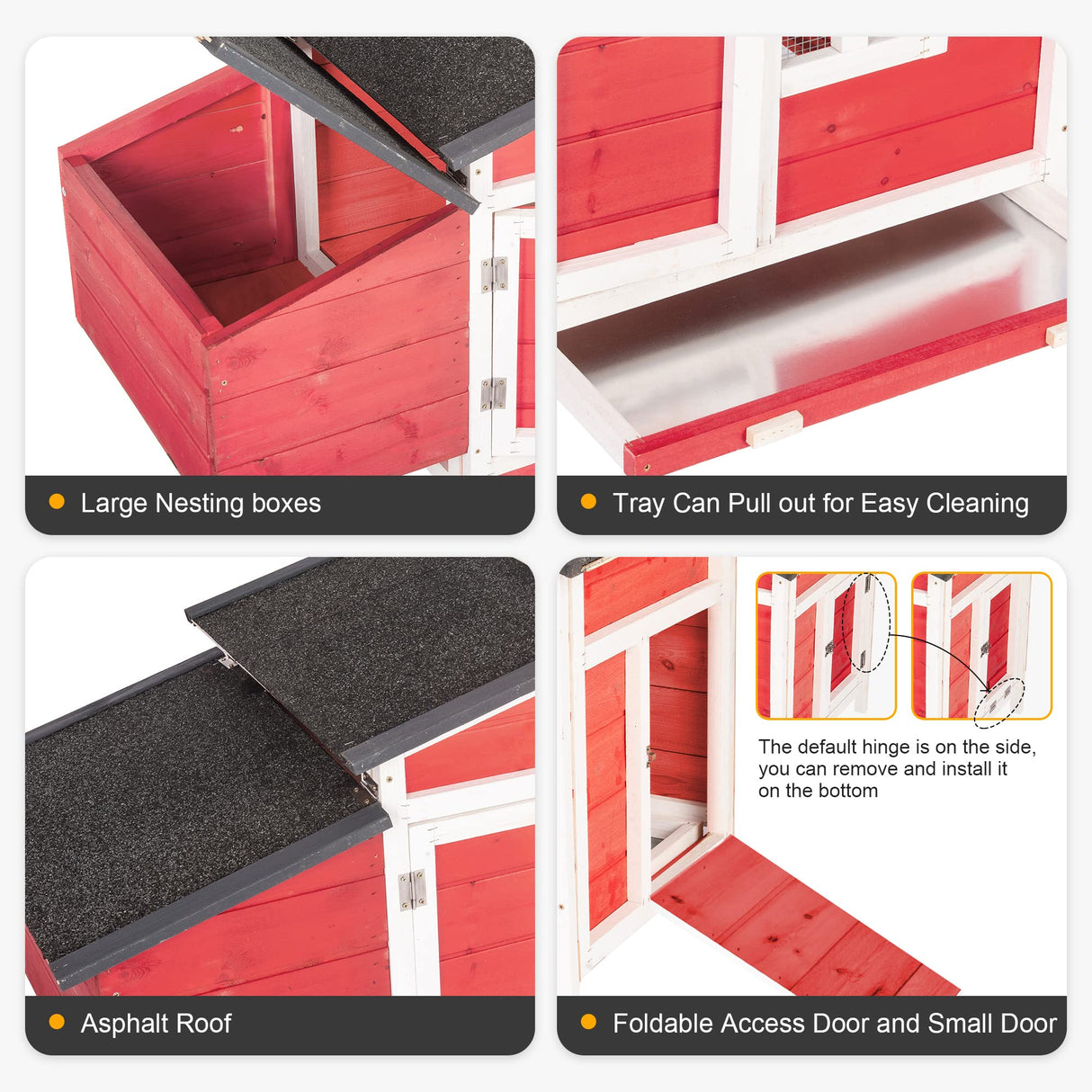 GOJOOASIS Outdoor Wooden Chicken Coop Hen House Poultry Cage Red with Tray, Ramp & Nesting Box for Indoor and Outdoor Use (F) GOJOOASIS