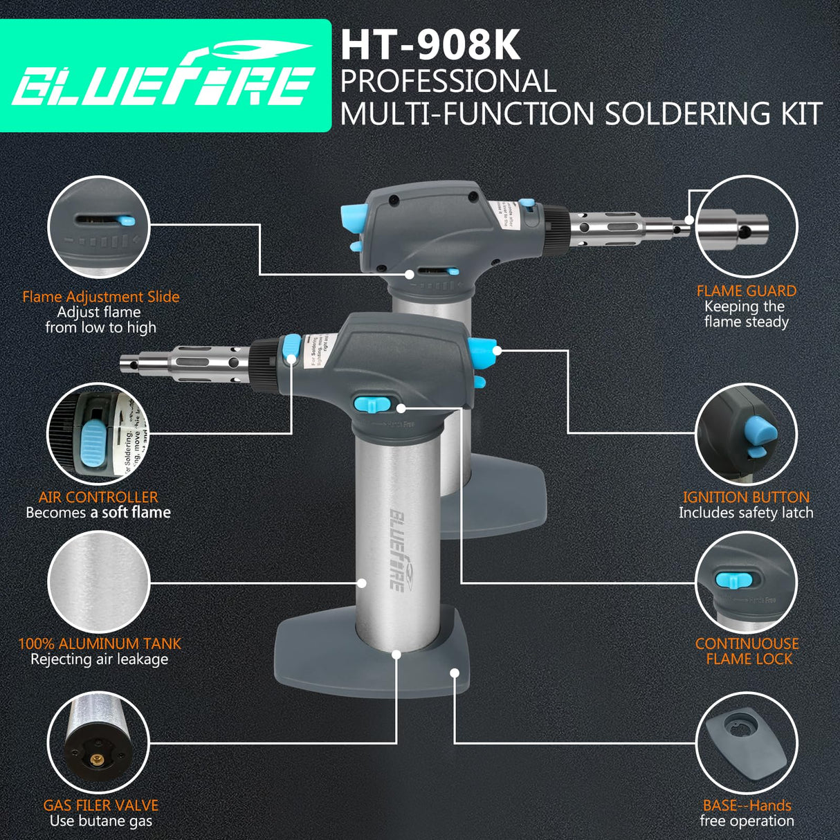BLUEFIRE HT-908K Butane Soldering Iron Kit Portable Butane Torches Multi-Function Mini Torch for Wood BlueFire