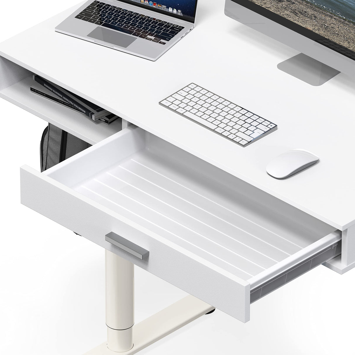 SHW Claire 40-Inch Height Adjustable Electric Standing Desk with Drawer, White SHW