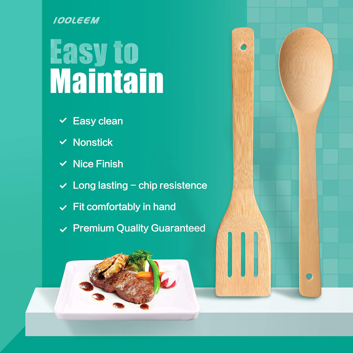 IOOLEEM Cooking wooden Utensil Set (6, Natural Bamboo) spoons, spatula set IOOLEEM