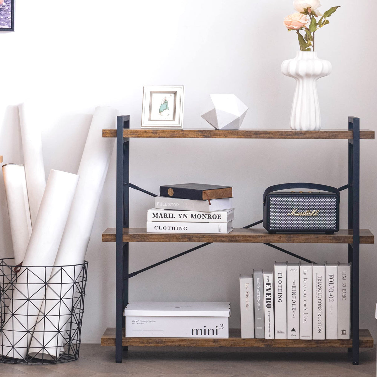 HCHQHS Rustic 3-Tier Industrial Bookcase with Metal and Wood Design HCHQHS