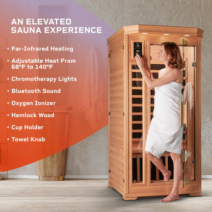 LifePro 1 Person Far Infrared Sauna for Home - Home Sauna, Tempered Glass Door, Oxygen Ionizer, & 7 Chromotherapy Lights for Indoor Sauna - Canadian