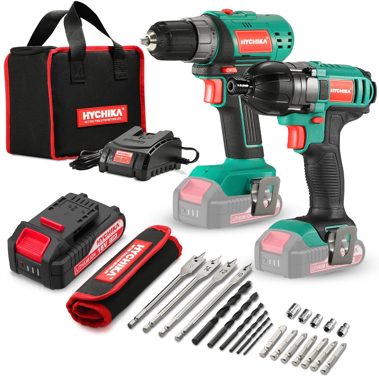 Cordless Drill Driver and Impact Driver, HYCHIKA Drill Combo Kit 18V (20V MAX), 2.0Ah Battery, 1H Fast Charging, 22PCS Accessories for Drilling Wood, HYCHIKA BETTER TOOLS FOR BETTER LIFE