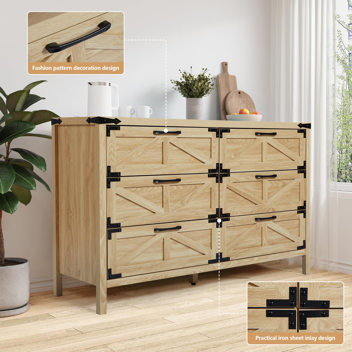 wirrytor Modern Farmhouse 6 Drawer Double Dresser for Bedroom, Wide Rustic Chest of Drawers, Wooden Dresser Chest Storage Organizer for Nursery, wirrytor