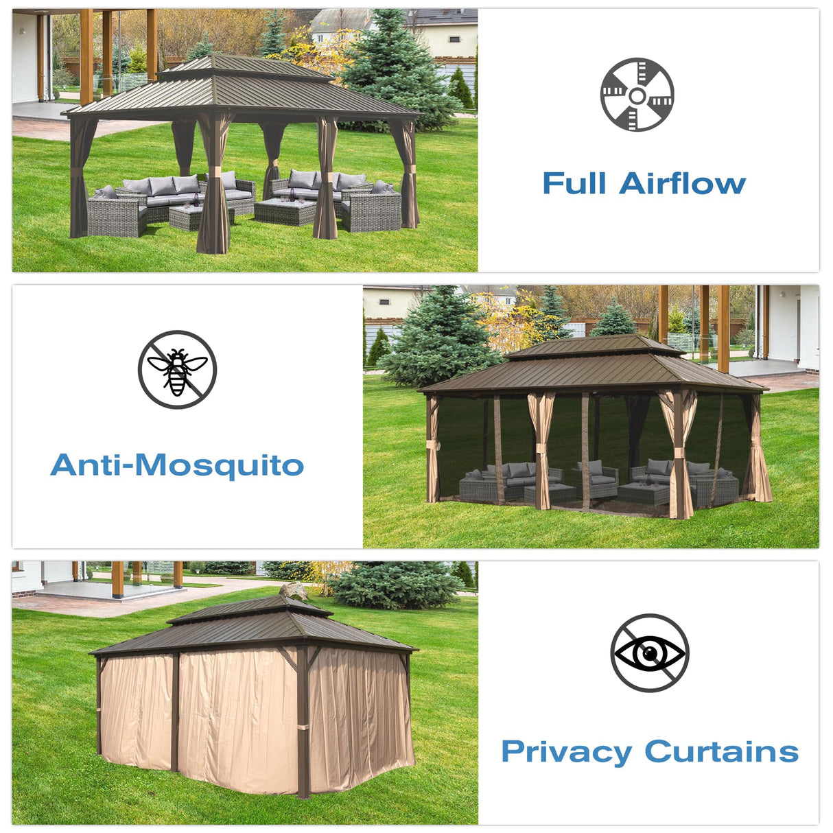 Domi 12' X 20' Hardtop Gazebo, Aluminum Metal Gazebo with Galvanized Steel Double Roof Canopy, Curtain and Netting, Permanent Gazebo Pavilion for domi outdoor living