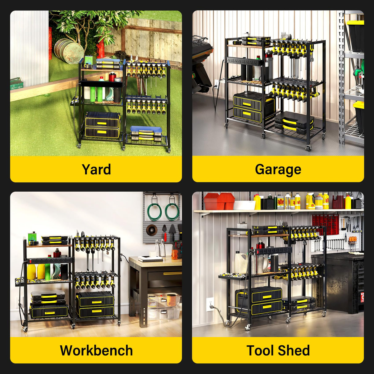 TC-HOMENY Power Tool Organizer Garage Storage with Charging Power Strip, 28 Drill Rack Tool Holder Racks Rolling Tool Cart on Wheels, Tool Shelf TC-HOMENY
