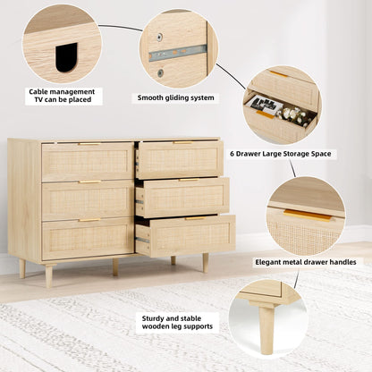 FUQARHY 6 Drawer Dresser Rattan Dresser Modern Chest with Drawers,Wood Storage Closet Dressers Chest of Drawers for Bedroom,Living Room,Hallway