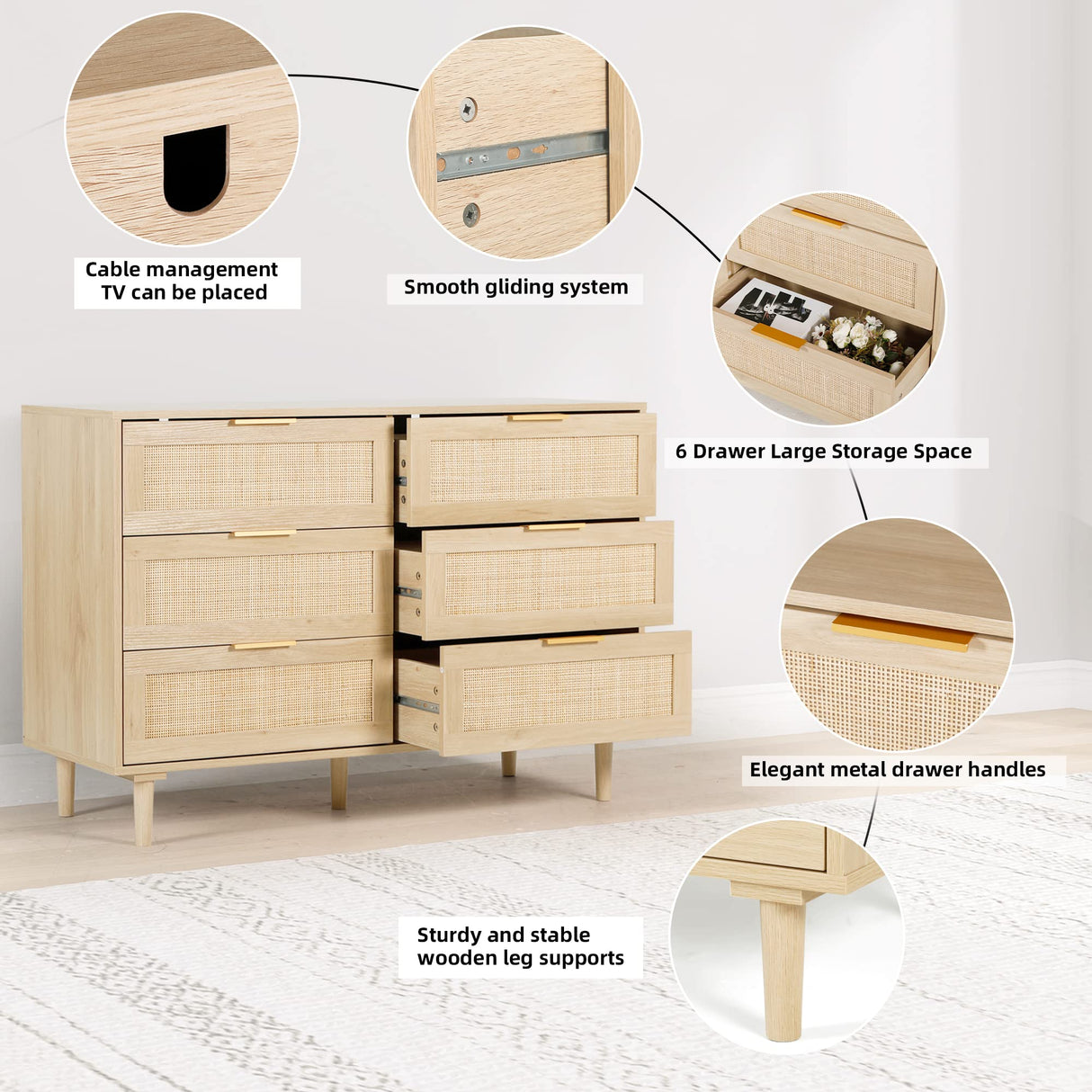FUQARHY Rattan Dresser for Bedroom, Modern 6 Drawer Double Dresser with Gold Handles, Wood Storage Chest of Drawers for Bedroom,Living Room,Hallway FUQARHY