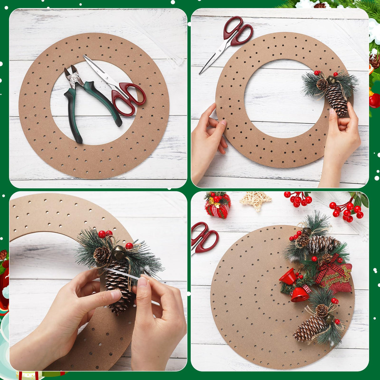 Thyle 6 Pcs Round Wreath Boards with Holes Wooden Summer Wreath Flower Boards Wood Ring Wreath Frame Supplies with 100 Nylon Cable Ties for DIY Thyle
