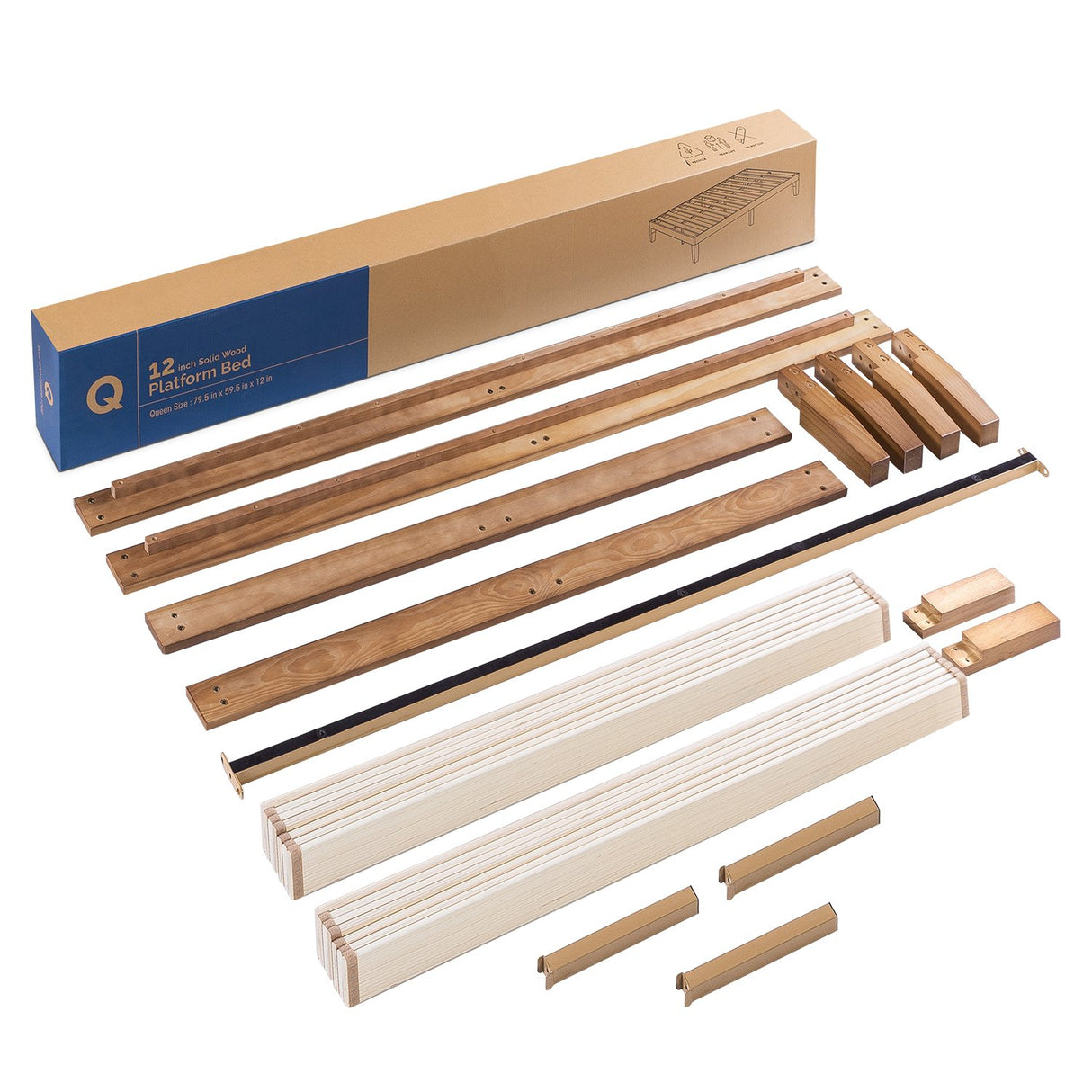 Mellow Classic 12" Natural Solid Wood Platform Bed Frame - Queen Size, No Box Spring Needed Mellow