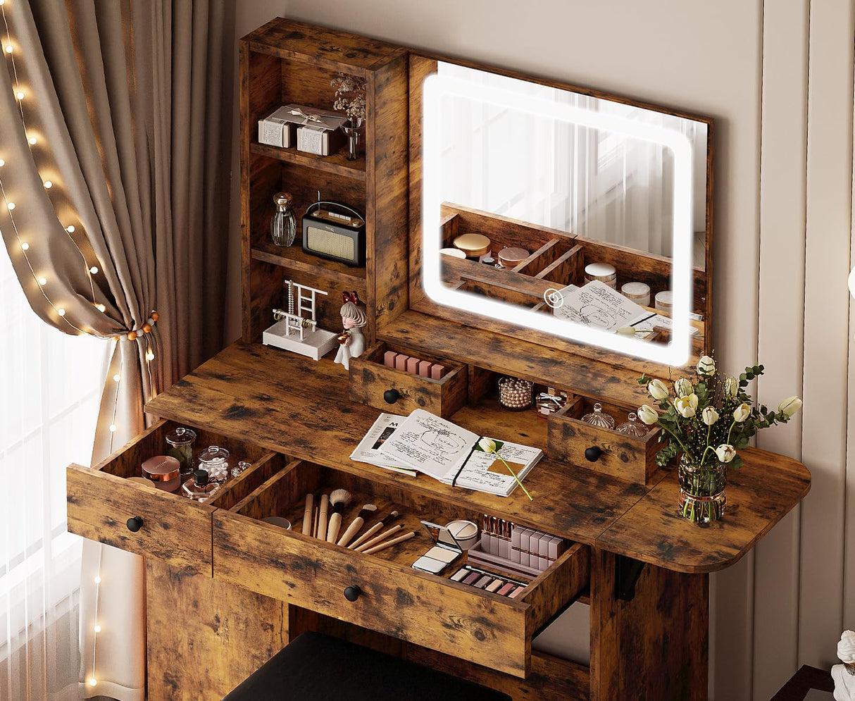 LIKIMIO Vanity Desk with Drawers & LED Lighted Mirror & Power Outlet & Cabinet, Storage Stool, Stylish Bedroom Makeup Table Set, Vintage Brown LIKIMIO