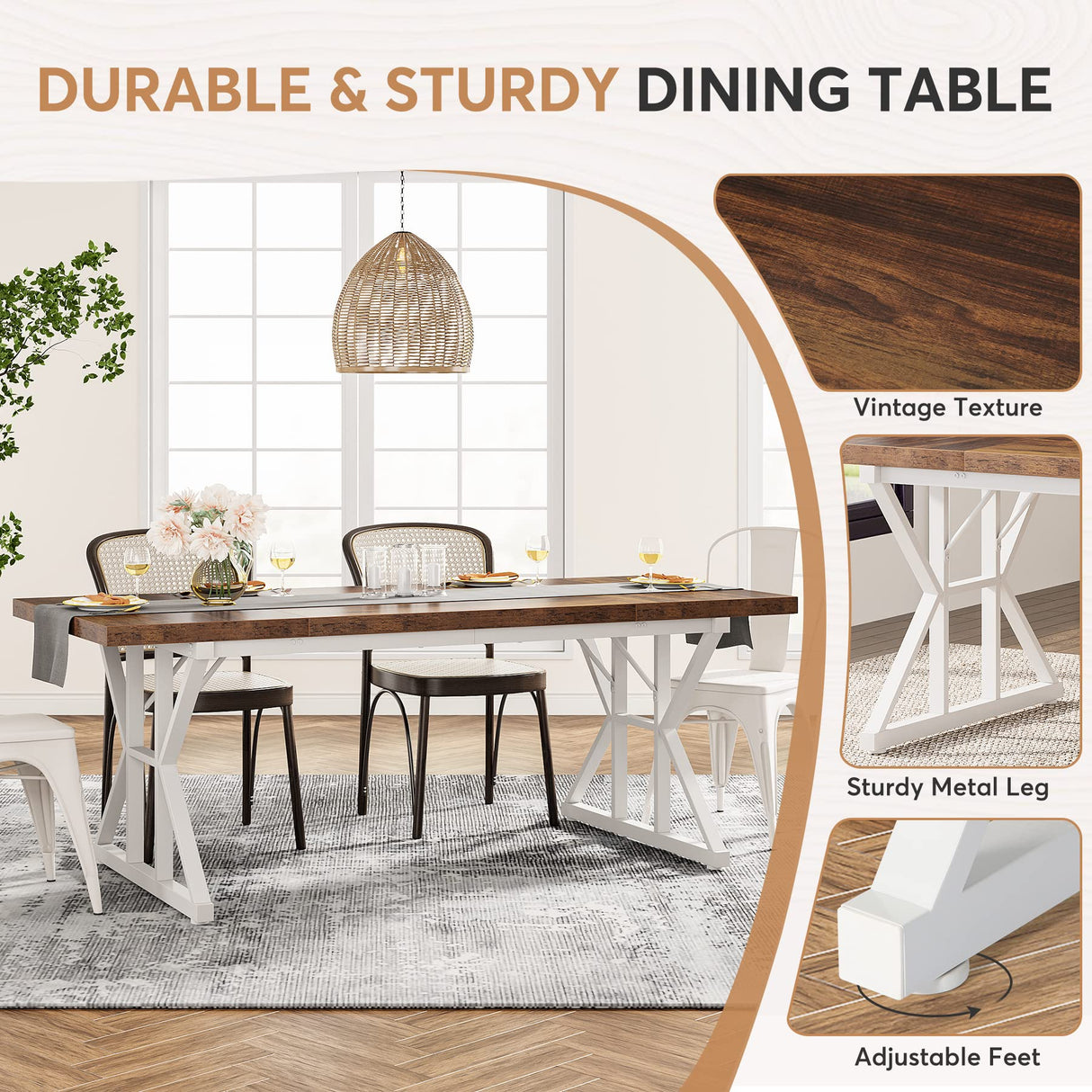 Tribesigns Farmhouse Dining Table for 6 People, 70.8-Inch Rectangular Wood Dining Table, Rustic Kitchen Table with Heavy Duty Metal Legs for Dining Tribesigns