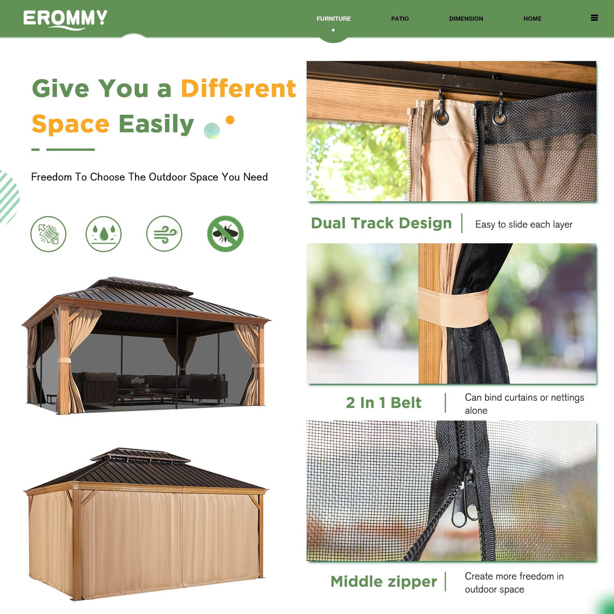 EROMMY 12' x 16' Gazebo, Wooden Finish Coated Aluminum Frame Canopy with Double Galvanized Steel Hardtop Roof, Outdoor Permanent Metal Pavilion with EROMMY