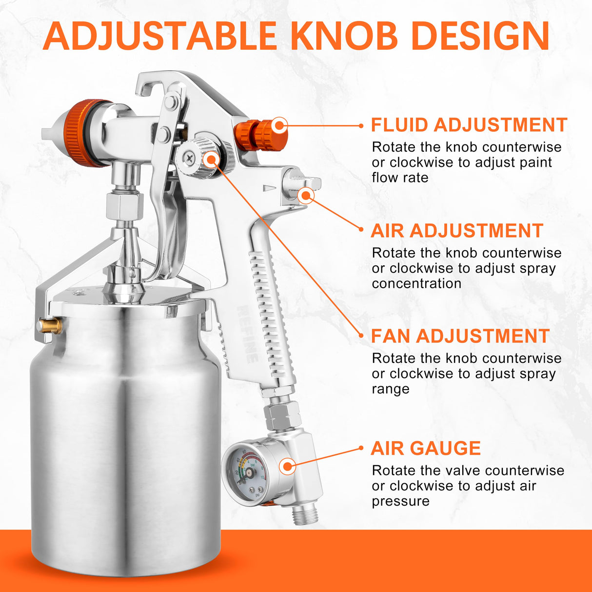 REFINE HVLP Spray Gun, Siphon Air Paint Sprayer Gun with 1.7mm 2mm Nozzle Sets, 1000CC Automotive Paint Gun with Air Regulator, Professional for Car, REFINE