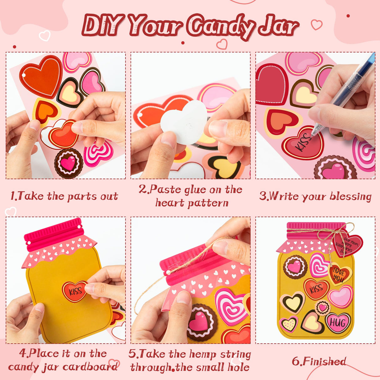 WATINC 30PCS Valentine’s Day Love Candy Jar Craft Kit, Make Your Own Valentines Thankful Candy Mason Jar, DIY Love Heart Candy Jar Decor Craft WATINC