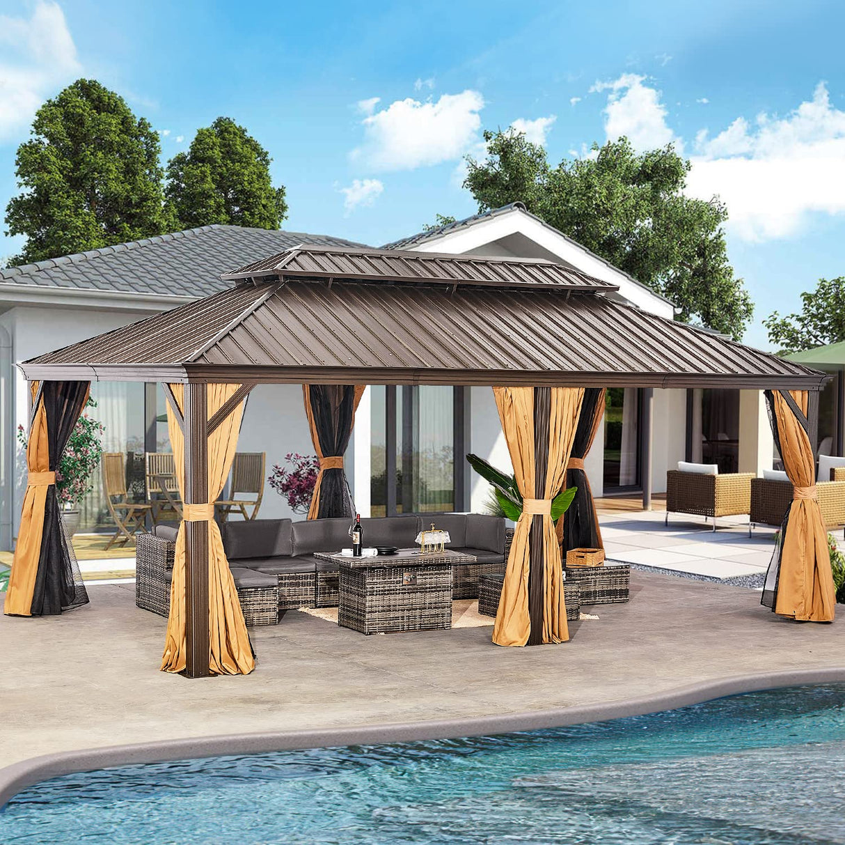 oneinmil 12x20FT Outdoor Gazebo, Heavy Duty Metal Double Roof Hardtop Gazebo with Aluminum Frame and Netting and Curtains for Patios oneinmil