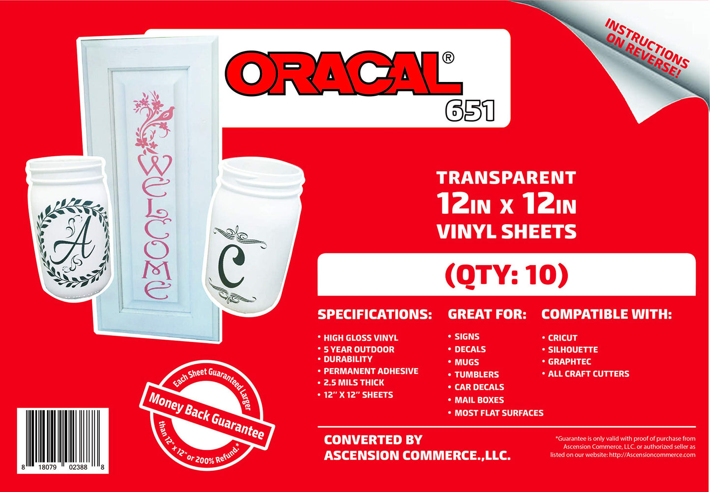 (10 Sheets) Oracal 651 Transparent Adhesive Craft Vinyl for Cricut, Silhouette, Cameo, Craft Cutters, Printers, and Decals - 12" x 12" - Gloss Finish