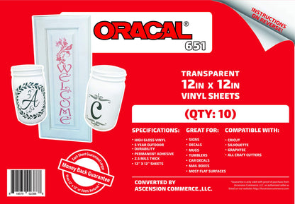 (10 Sheets) Oracal 651 Transparent Adhesive Craft Vinyl for Cricut, Silhouette, Cameo, Craft Cutters, Printers, and Decals - 12" x 12" - Gloss Finish