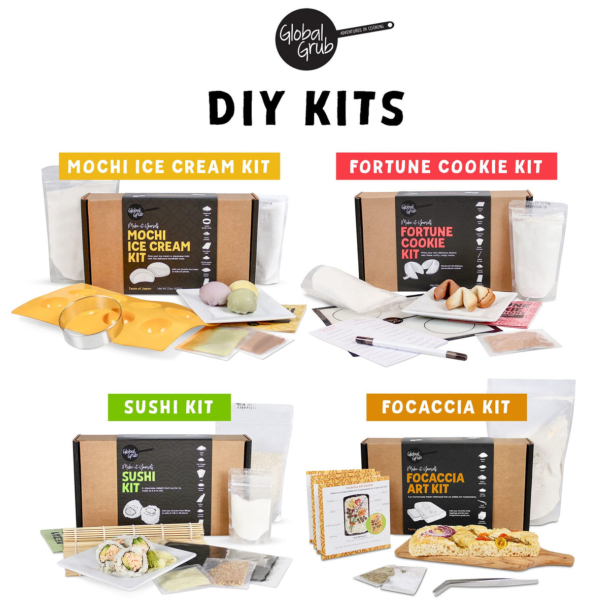 Global Grub DIY Morimoto Mochi Donut Kit - Includes Mochi Donut Mold, Piping Bag, Mochi Flour, Confectioners Sugar, Strawberry, Cocoa & Matcha Green Global Grub