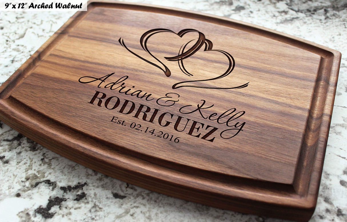 Personalized Cutting Board, Custom Wedding, Anniversary or Housewarming Gift Idea, Wood Engraved Charcuterie, for Newlyweds and Couples, Two Hearts Wedding Gift Boutique