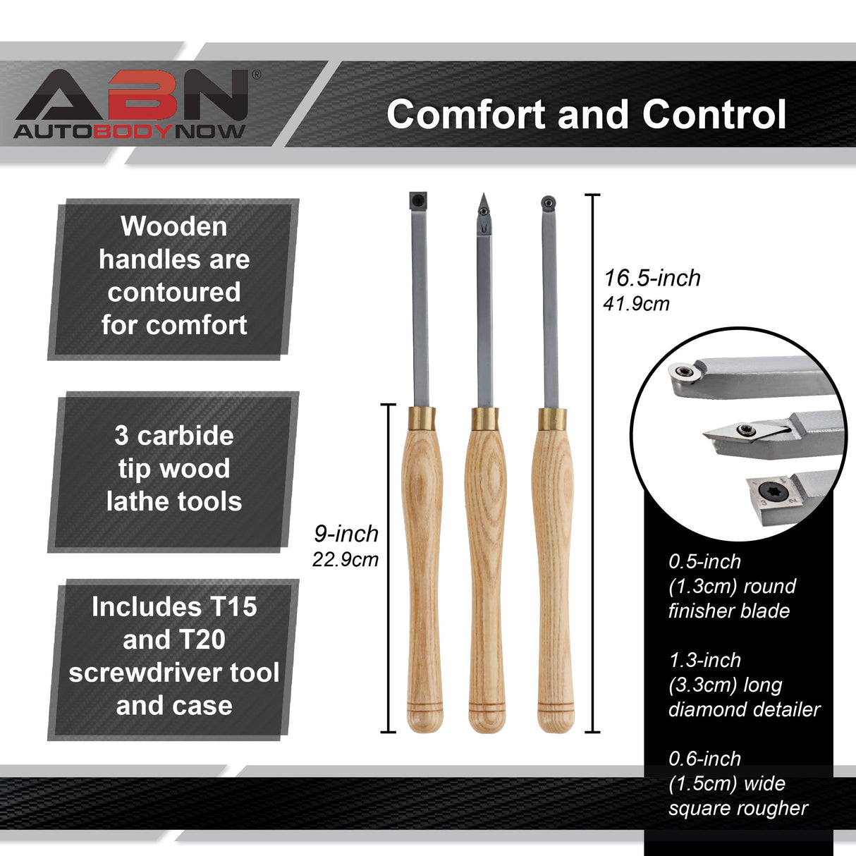ABN Woodturning Carbide Lathe Tools - 3pc Long Handle Woodworking Texturing Carbide Tip Wood Turning Tools for Lathe ABN