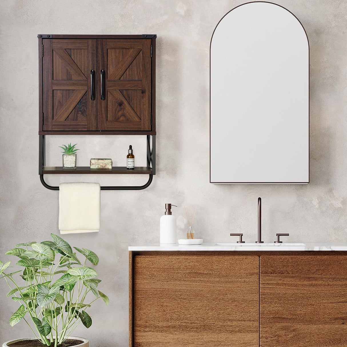 Rustown Vintage Farmhouse Wall Mounted Medicine Cabinet with Barn Doors and Towel Bar RUSTOWN