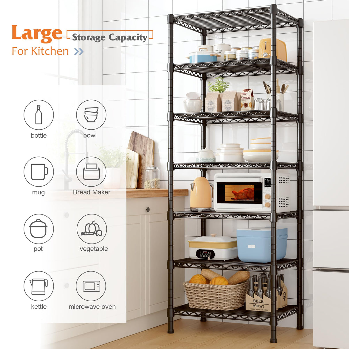 REIBII 71’’H Wire Shelving Rack 7-Tier Metal Shelving Units and Storage Shelves Loads 1176 LBS Adjustable Garage Shelving Heavy Duty Metal Shelves REIBII