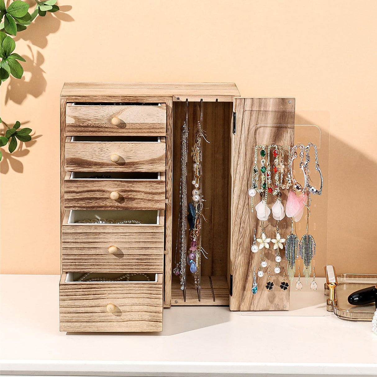 Homde Wood Jewelry Organizer 5 Layer Jewelry Box for Rings, Necklaces, Earrings, Bracelets, Watches Rustic Jewelry Boxes & Organizers for Women Homde