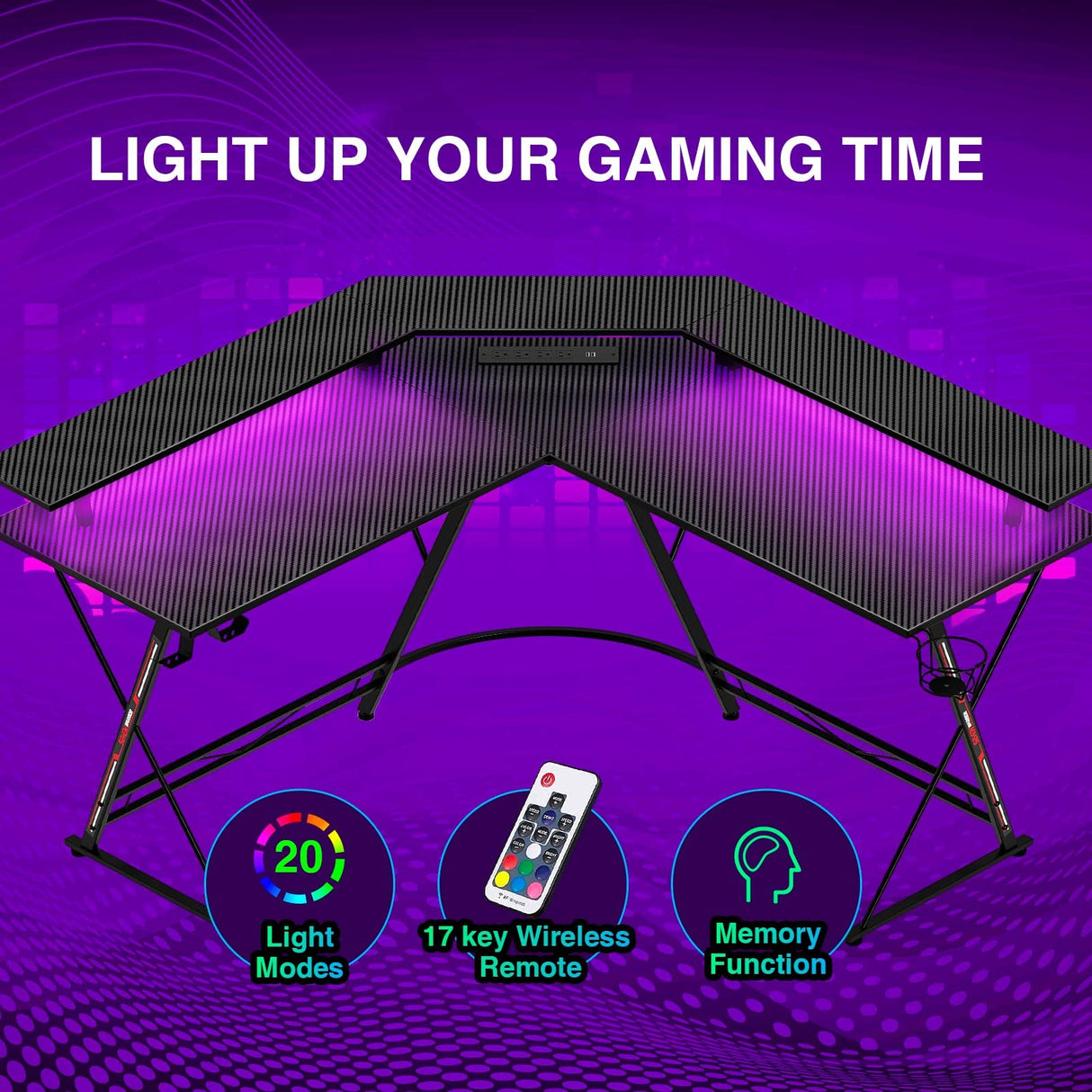 SEVEN WARRIOR L Shaped Gaming Desk with LED Lights & Power Outlets, 50.4” Computer Desk with Monitor Stand & Carbon Fiber Surface, Corner Desk with SEVEN WARRIOR