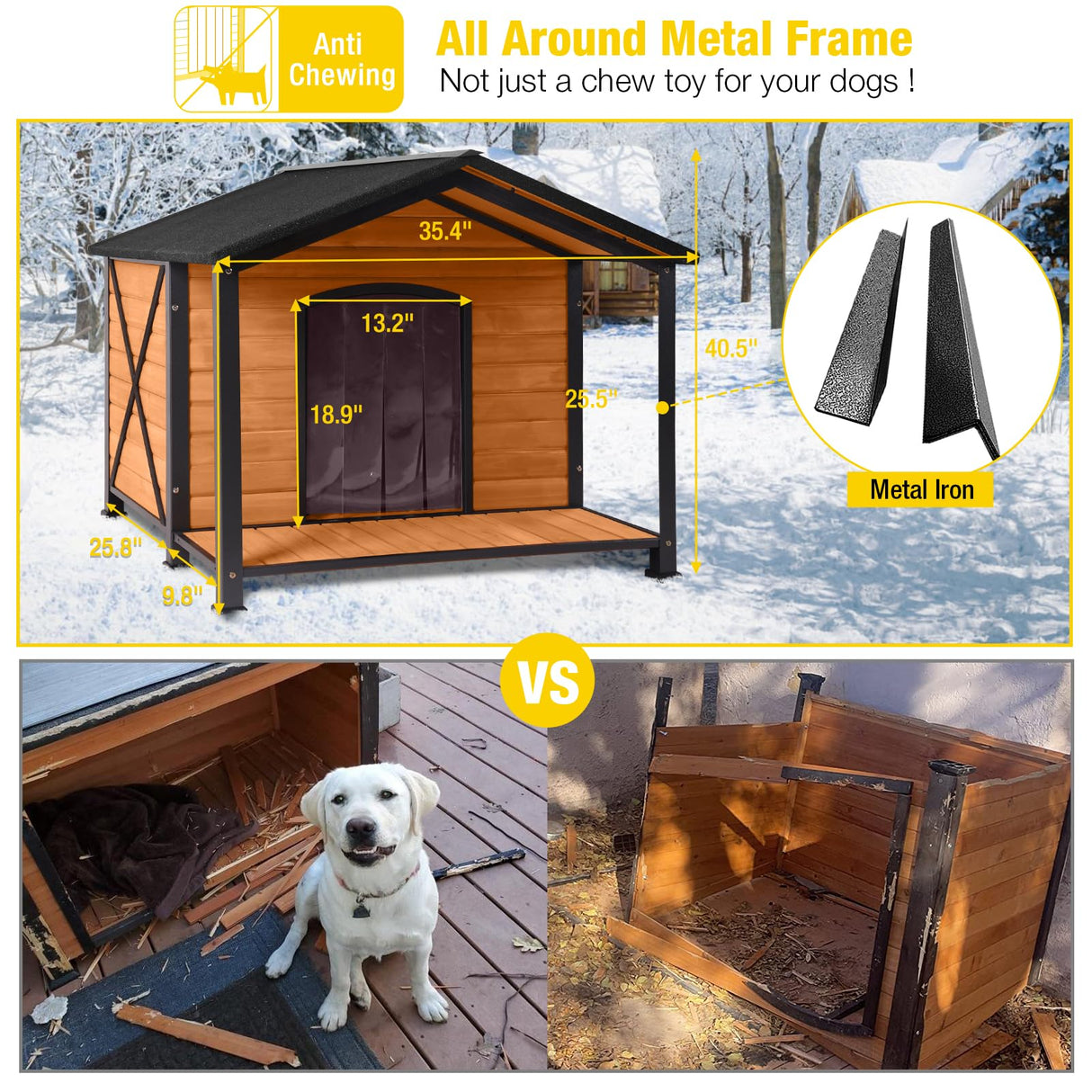 Aivituvin Dog House with Insulated Liner Outdoor All-Around Iron Frame Dog Kennel Outside with Overhang Roof Large Porch Weatherproof Aivituvin
