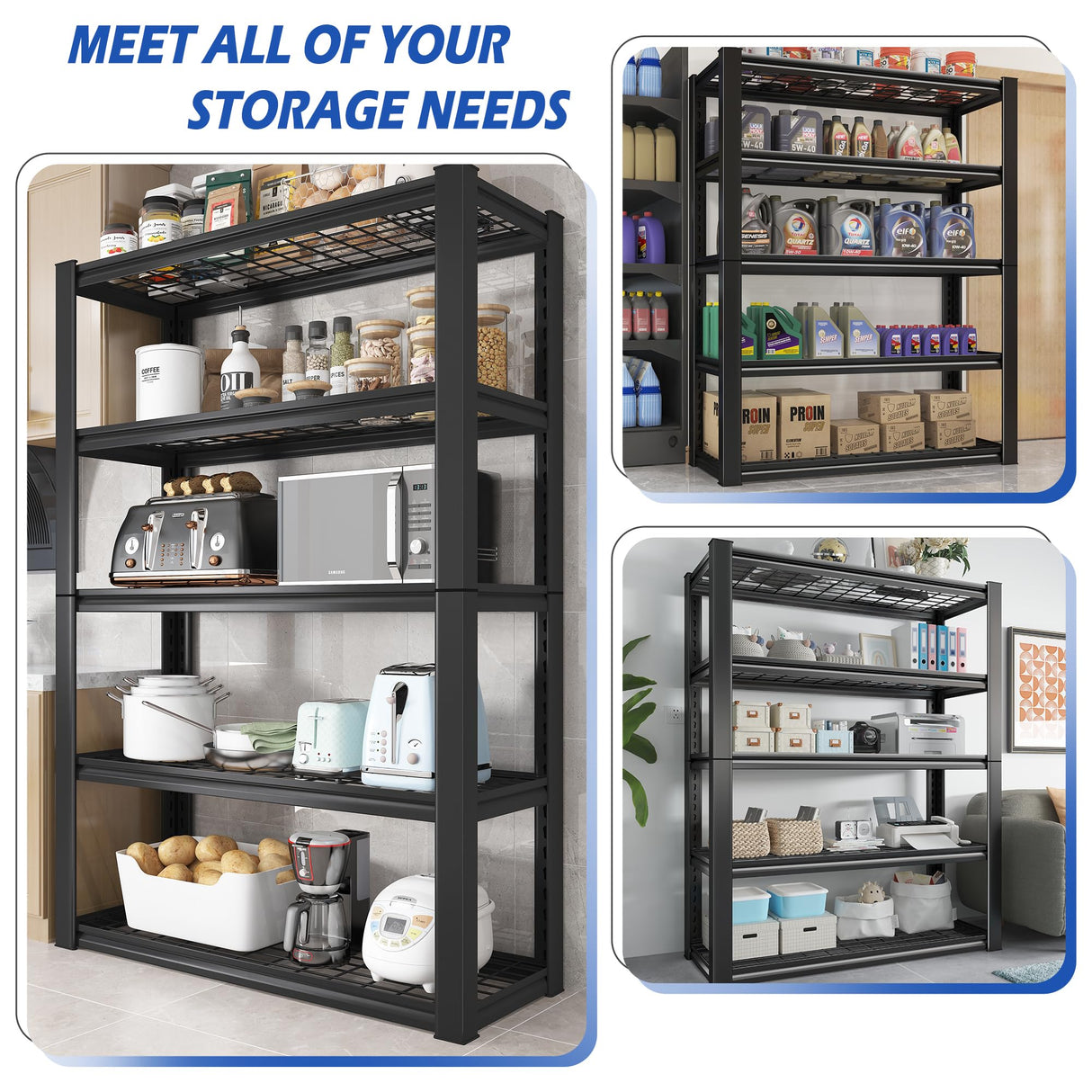 REIBII Garage Shelving, 72" Garage Storage Shelves Heavy Duty Shelving Units and Storage Loads 2000LBS, Adjustable 5 Tier Metal Shelving for Garage REIBII