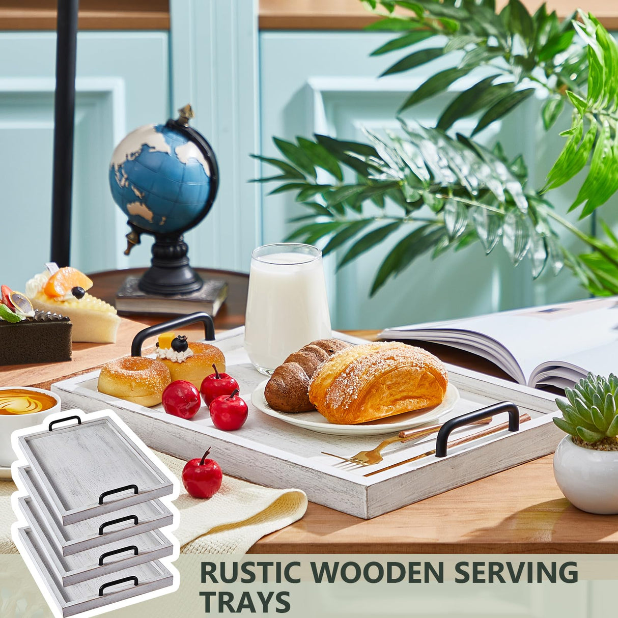 Lallisa 4 Pcs Large Rustic Wooden Serving Tray Rectangular Ottoman Tray with Handles Wood Tray Decorative Serving Trays Platter for Party Coffee Lallisa