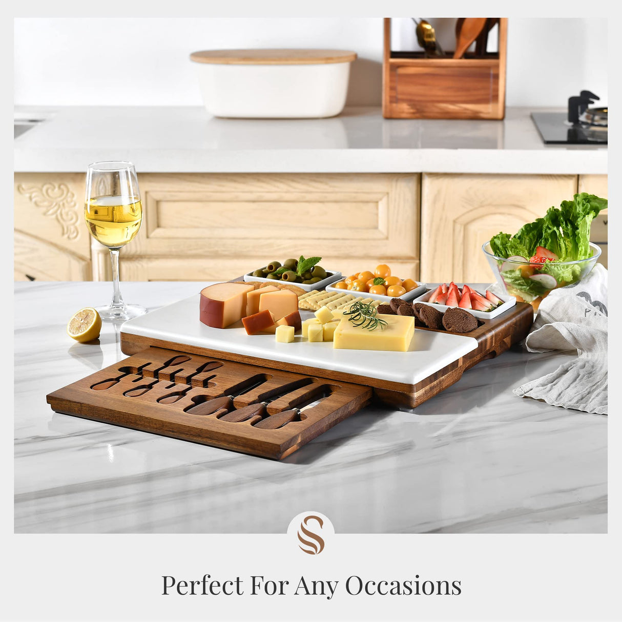 Shanik Wood - Marble Cheese Board Set with 3 Ceramic Bowls - Stainless Steel Cutlery Set, Charcuterie Board Set & Gift for Any Occasion (Without Shanik