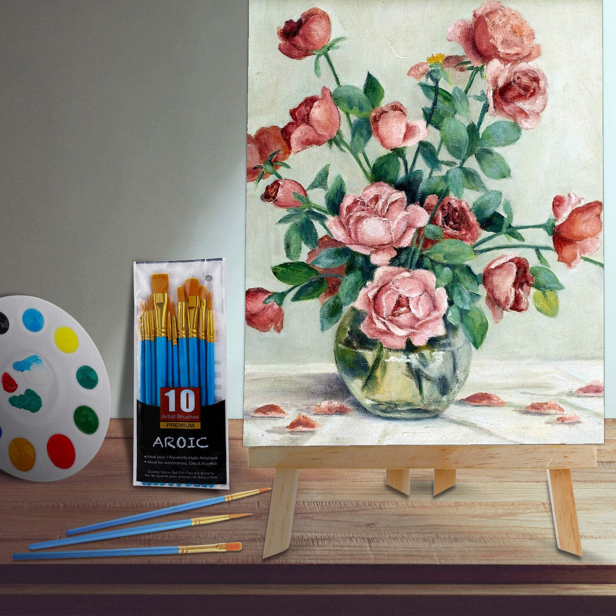 AROIC 96 PCS Painting Supplies Set with Easels, 8 PCS Wood Easels, 8 Packs of 80 Brushes with Nylon Brush Head and 8 PCS Palettes, Tabletop Wooden AROIC