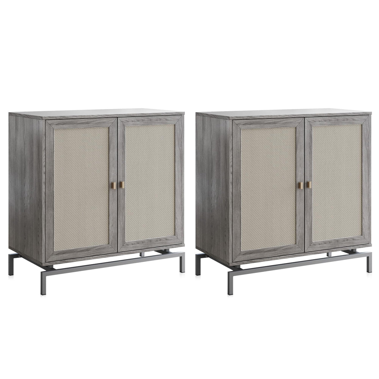 BELLEZE Sideboard Buffet Cabinet Set of 2, Storage Cabinet with Rattan Doors, Buffet Table with Metal Base and Adjustable Shelves Accent Cabinet BELLEZE