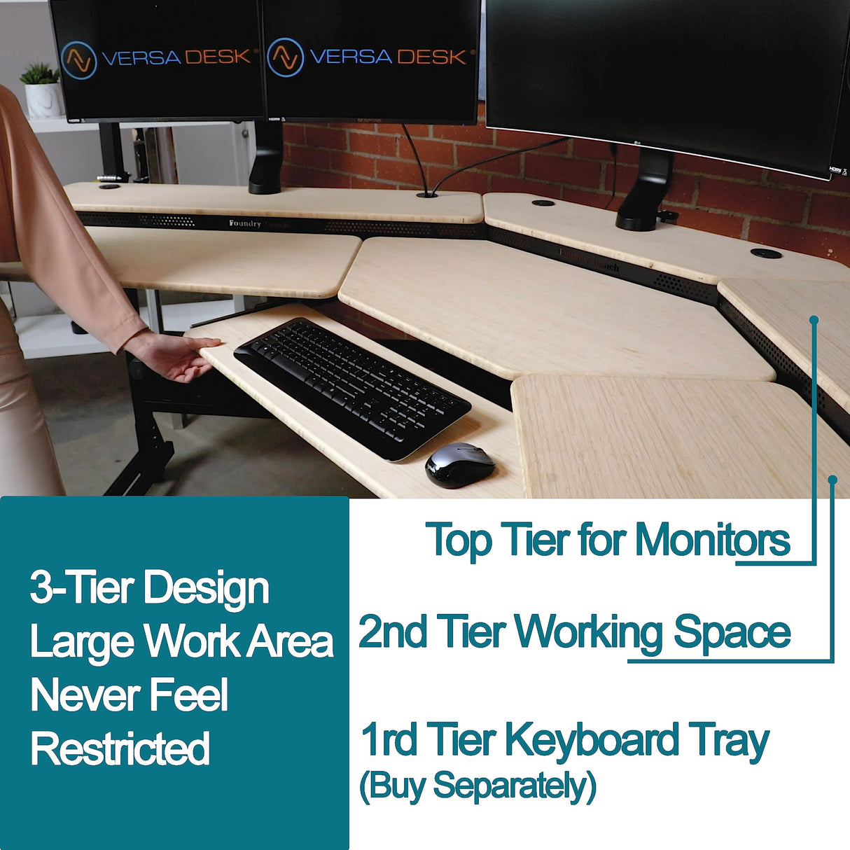 VERSADESK Foundry Split Level Corner Standing Desk, Electric Height Adjustable Standup Computer Desk, Ergonomic Studio Desk Workstation, Solid Bamboo VERSADESK