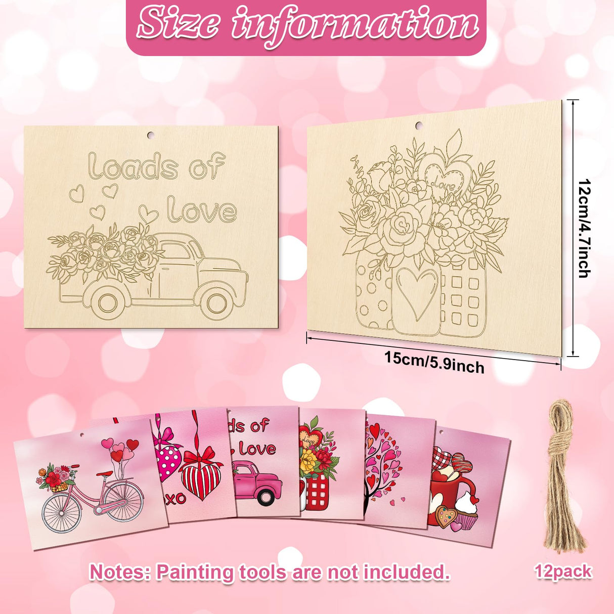 COCHIE DIY Wooden Ornaments to Paint for Kids Valentine's Day Party, 12 Pieces Unfinished Predrilled Wood Slices for Crafts with Laser Carving Line COCHIE