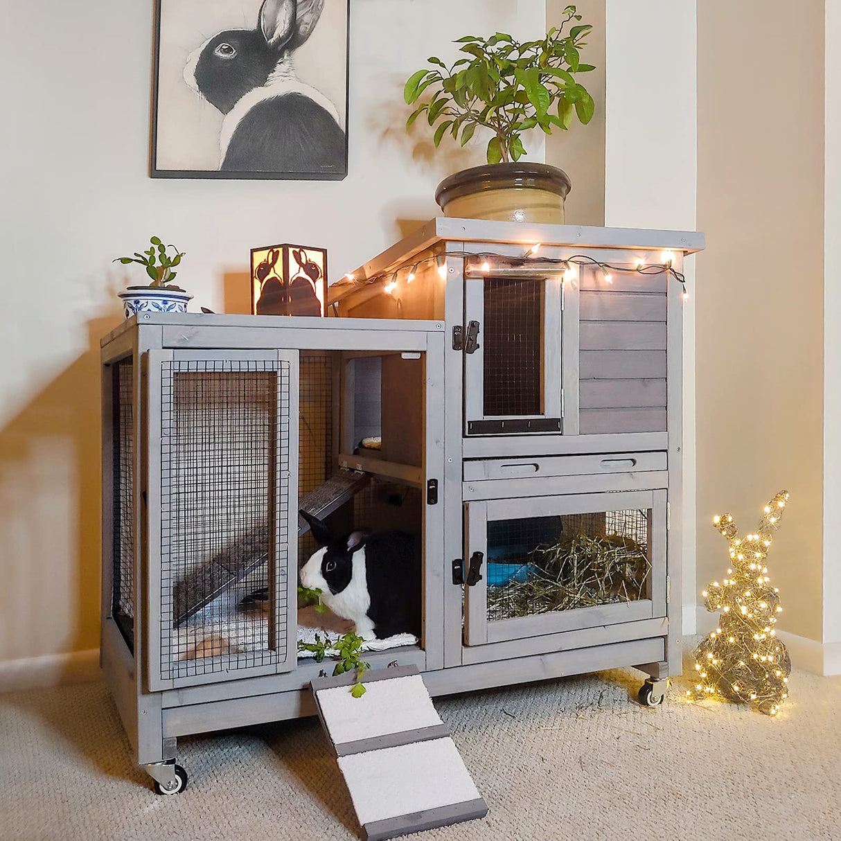 Aivituvin Wooden Bunny Hutch Indoor- Outdoor Rabbit Guinea Pig Cage for Small Animals with Exclusive Two Trays & Bottom Wire Mesh (Grey) Aivituvin