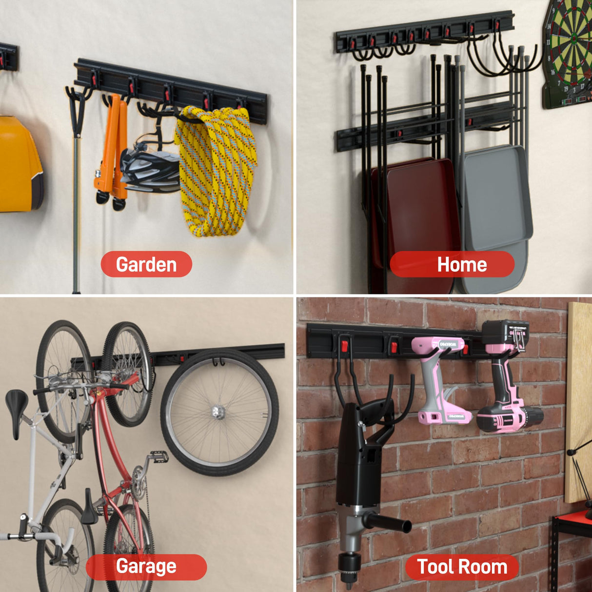 WORKPRO Garage Storage, Garden Tool Organizer Wall Mount 64 Inch with 8 Adjustable Hooks and Hangers, 4 Rails Steel Heavy Duty Tool Rack Holder WORKPRO