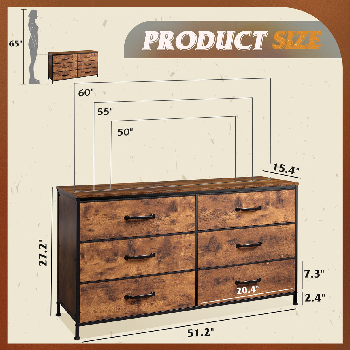 WLIVE Wide Fabric Dresser, 6 Drawer Dresser TV Stand for 60" TV, Dressers Bedroom Furniture Large Storage Tower Unit with Fabric Bins, Dresser for WLIVE