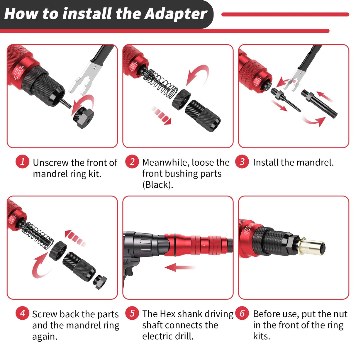 Cordless Drill Electric Rivet Gun Adapter Rivet Nut Drill Adapter Kit Including 10 Mandrel and 50Pcs Assorted Rivet Nuts, Rugged Carrying Case Beaspire