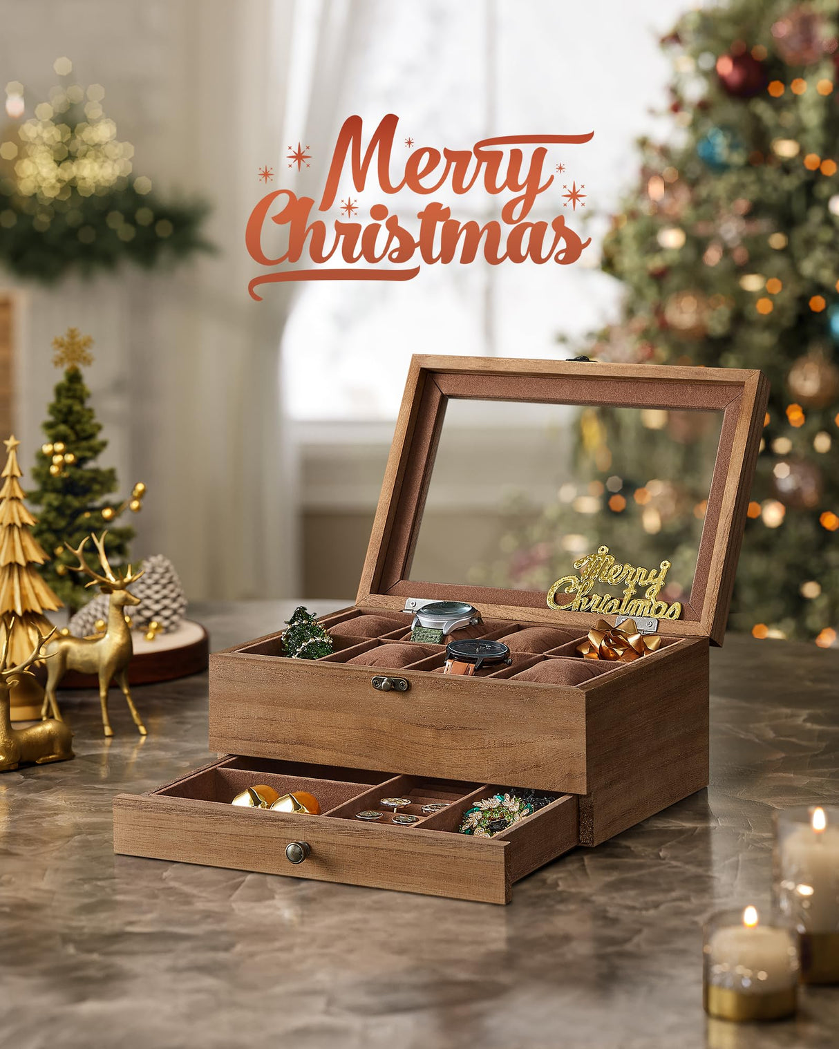 SONGMICS 8-Slot Watch Box, Christmas Gifts, 2-Tier Watch Display Case with Large Glass Lid, Removable Watch Pillows, Velvet Lining, Jewelry Box, Gift SONGMICS