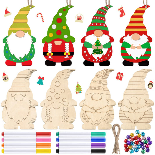 Censen Christmas Unfinished Wooden Gnome Ornaments Include Blank Gnome Cutout Hanging Slices, Colored Marker, Bells for Kids Thanksgiving Fall