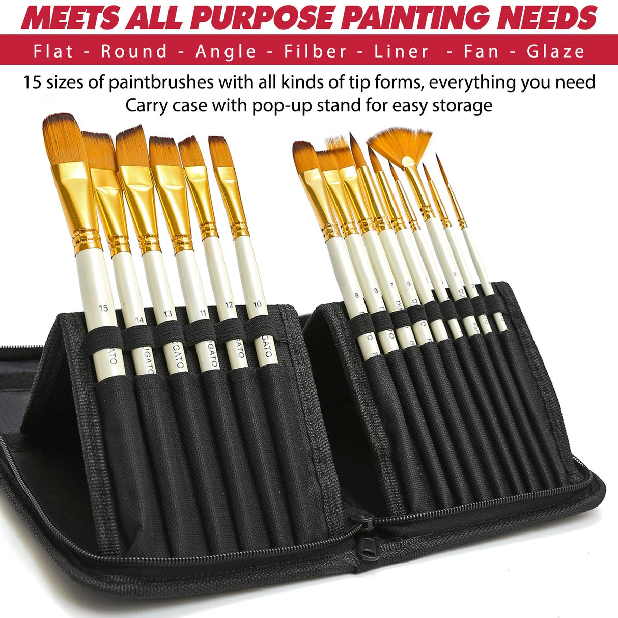 DUGATO Artist Paint Brush Set 15pcs Includes Pop-up Carrying Case with Painting Knife and 2 Sponges for Acrylic, Oil, Watercolor, Art, Scale Model, DUGATO