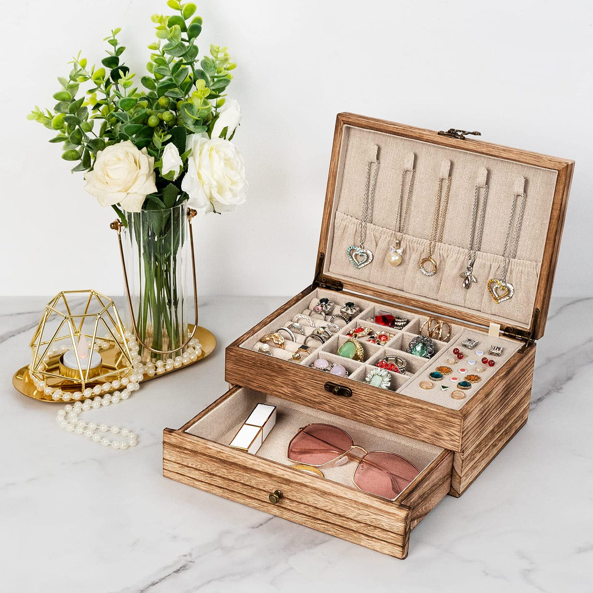 Pinzoveco Jewelry Box for Women, Rustic Wooden Jewelry Organizer Box for Storage Earrings Rings Necklace Bracelet, Farmhouse Style Wood Jewelry Boxes Pinzoveco