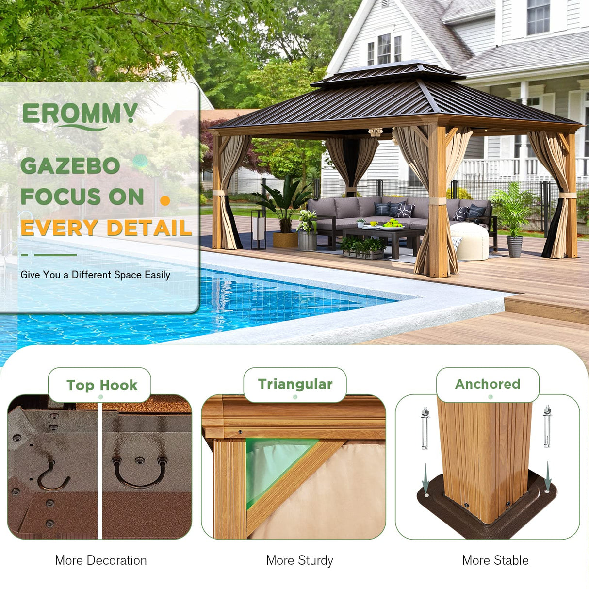 EROMMY 12'x16' Hardtop Gazebo, Wooden Finish Coated Aluminum Frame Gazebo with Galvanized Steel Roof, Outdoor Metal Gazebos with Curtains and EROMMY